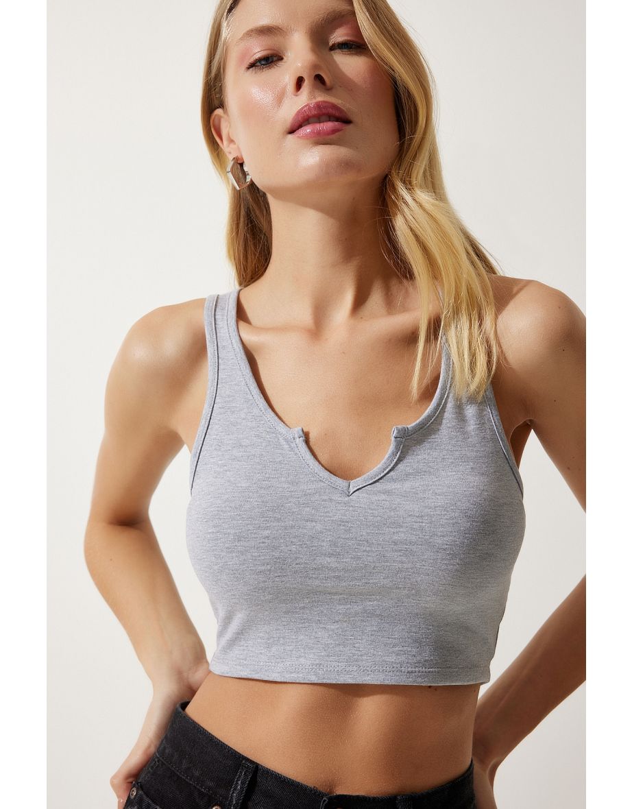 Women's Gray Strappy Crop Knitted Blouse