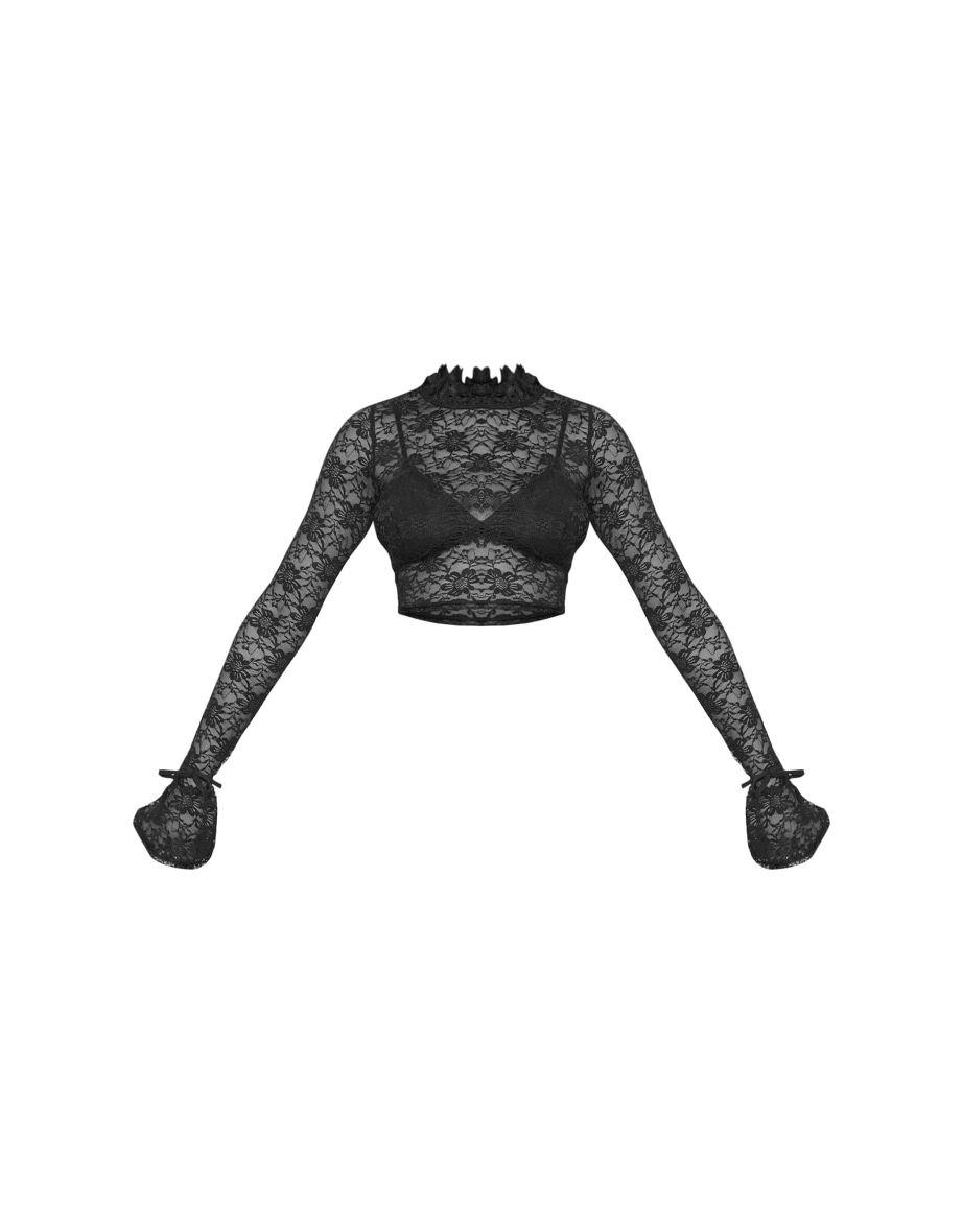 Tall Black Lace Flared Long Sleeve Crop Top - 4