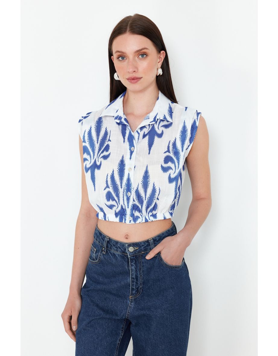 Blue Linen Look Viscose Fabric Sleeveless Woven Shirt with Elastic Hem