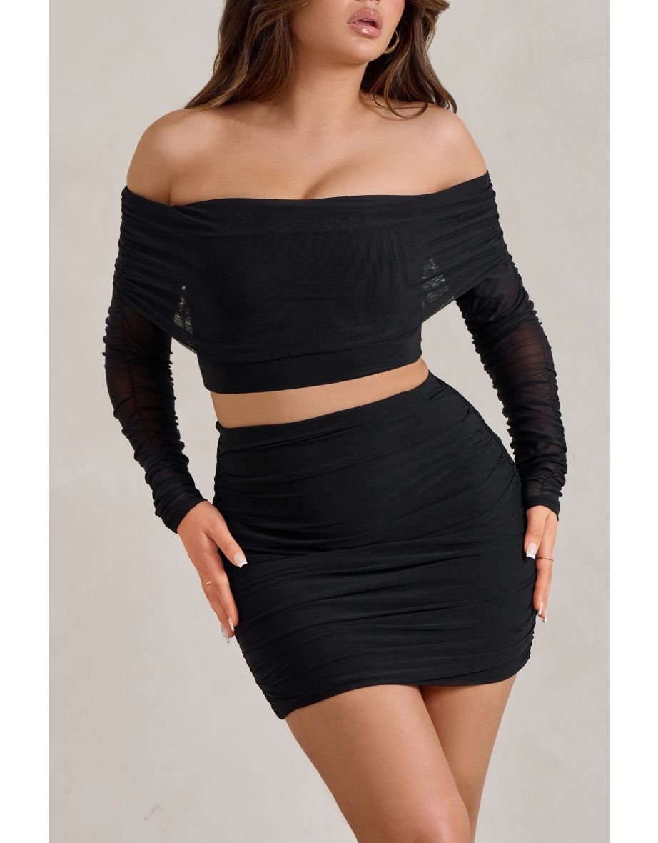 Black Ruched Mesh Bardot Crop Top - 3