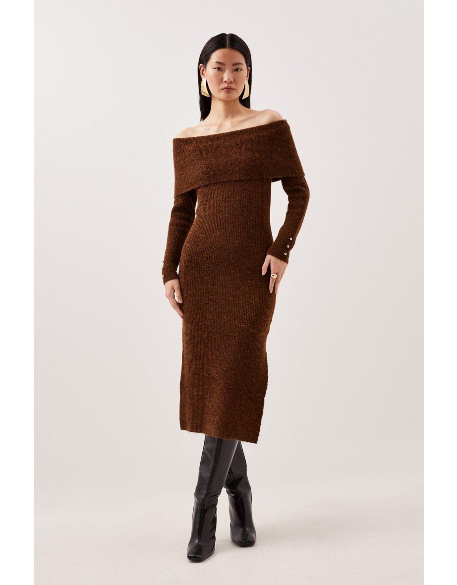 Wool Blend Cosy Bardot Knit Midi Dress