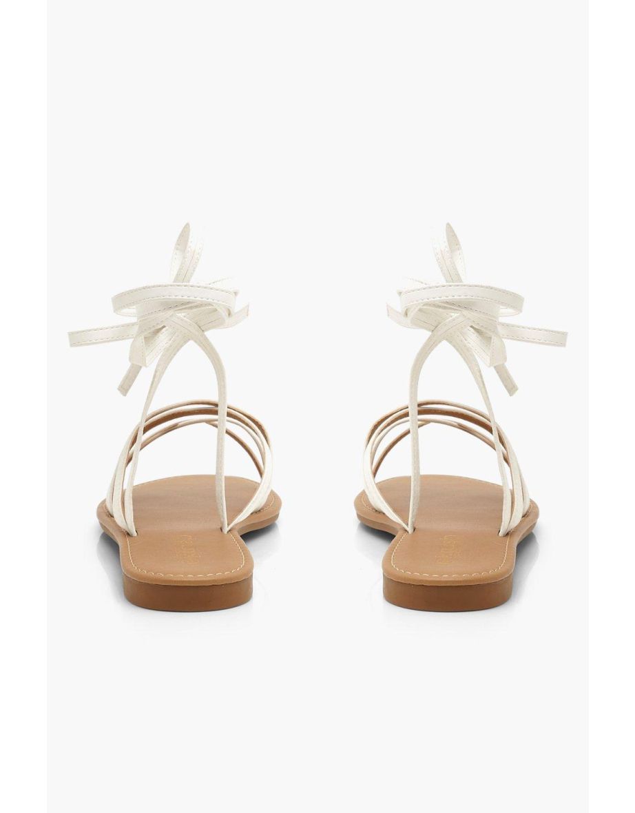 Strappy Ankle Tie Flat Sandals - white - 3