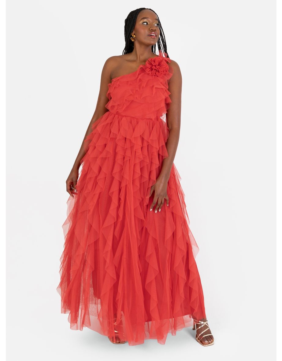 Anaya With Love Recycled Red Waterfall One Shoulder Maxi Dress