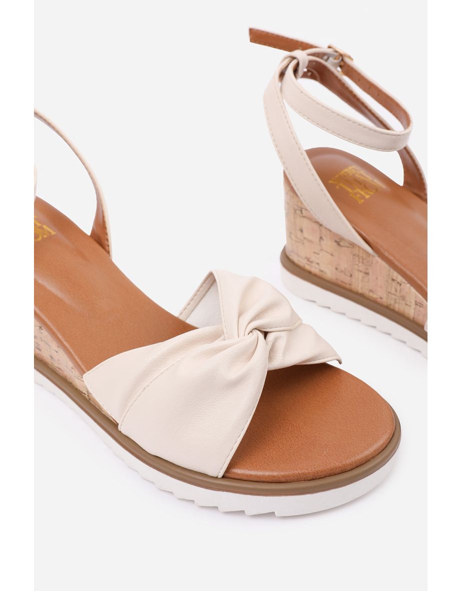 KATARA WIDE FIT KNOT DETAIL WEDGE SHOES WITH BUCKLE ANKLE STRAP IN CREAM PU - 4