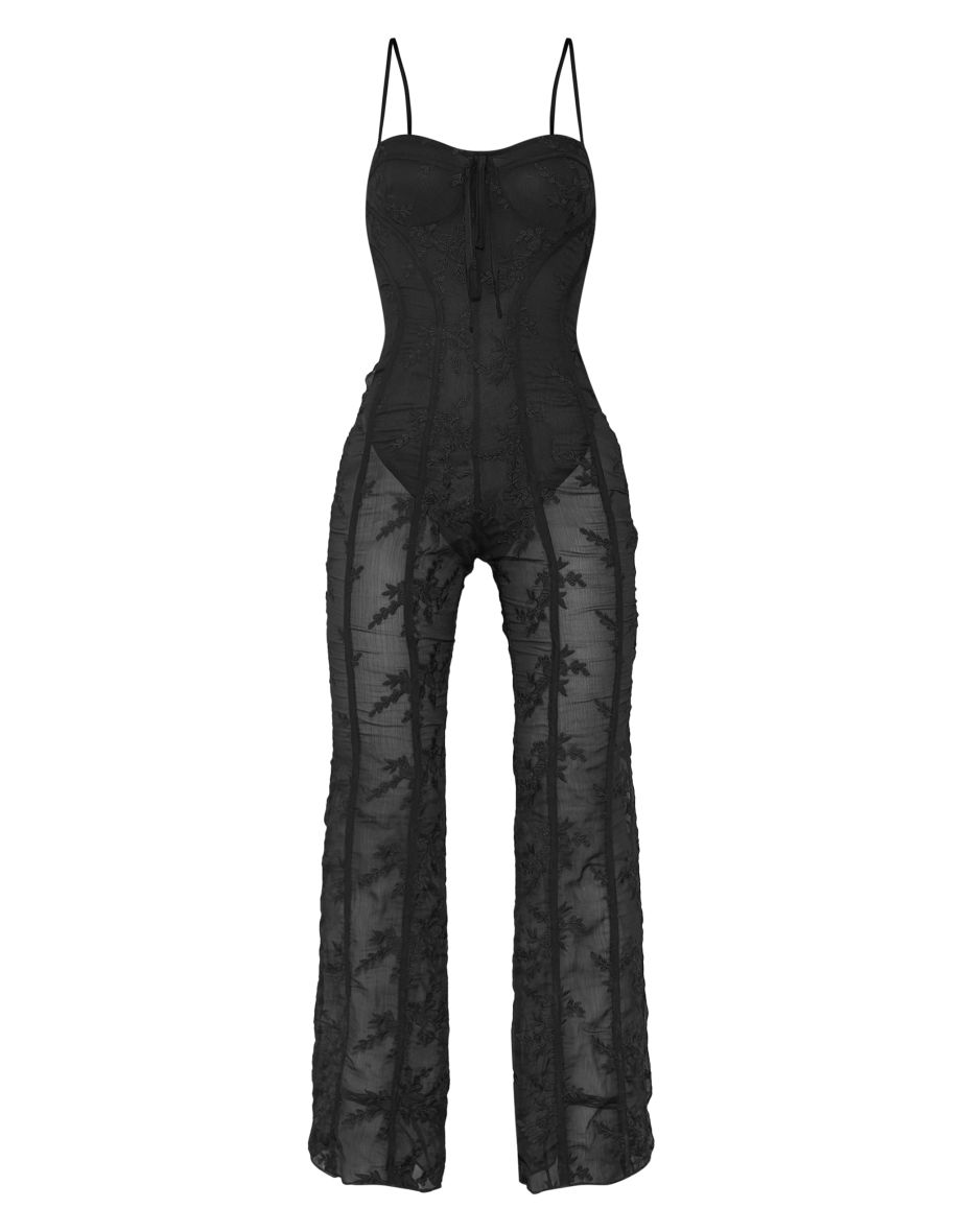 Black Lace Binding Detail Strappy Sheer Jumpsuit - 4