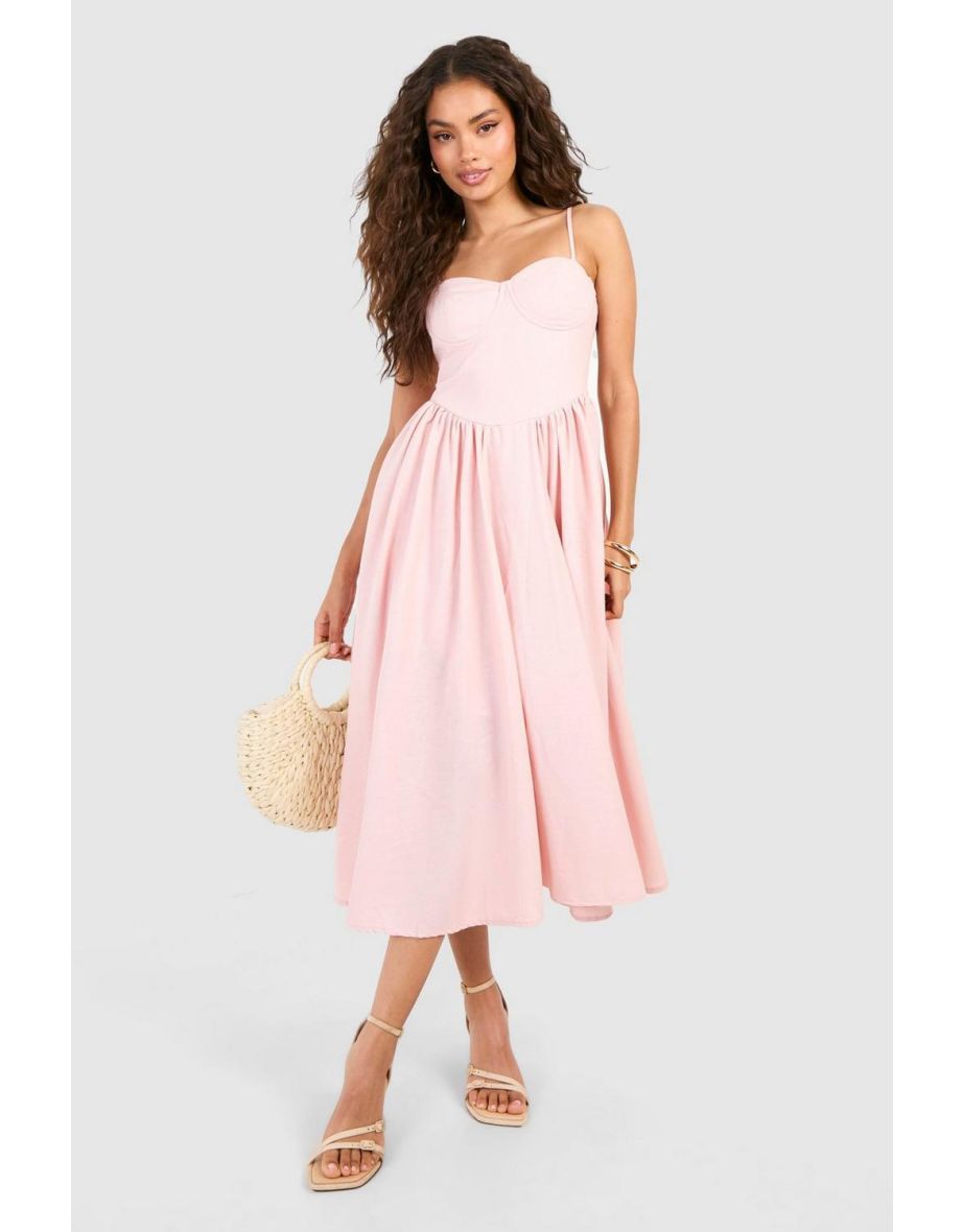 Shop Linen Milkmaid Midi Dress pink Online in Kuwait VogaCloset