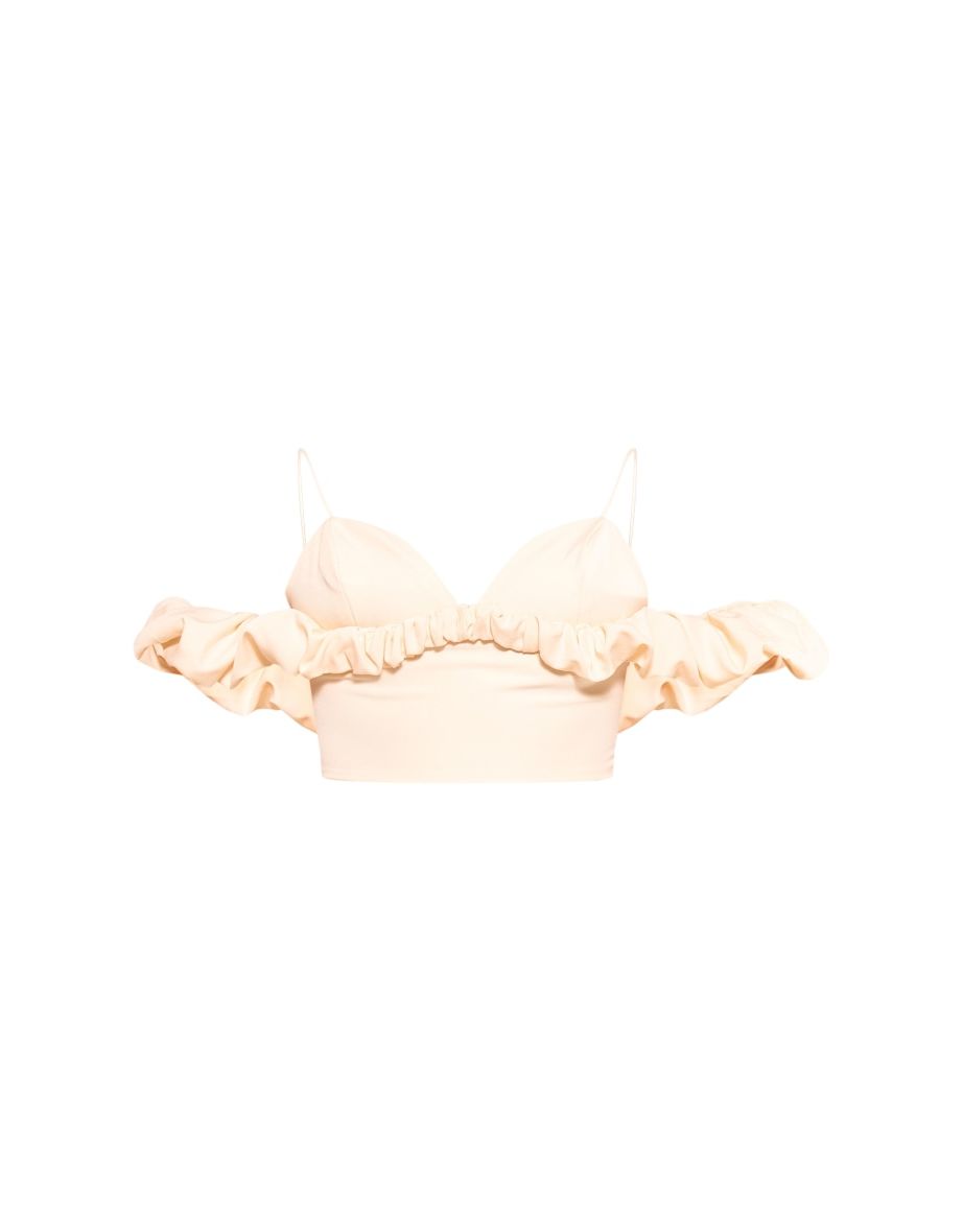 Cream Frill Bardot Sleeve Crop Top - 4