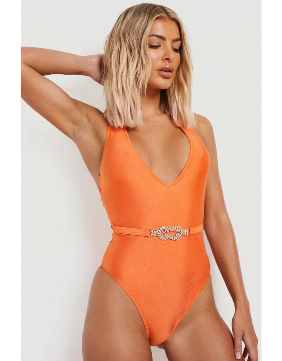 Diamante Jewel Belted Plunge Swimsuit - golden orange - 3