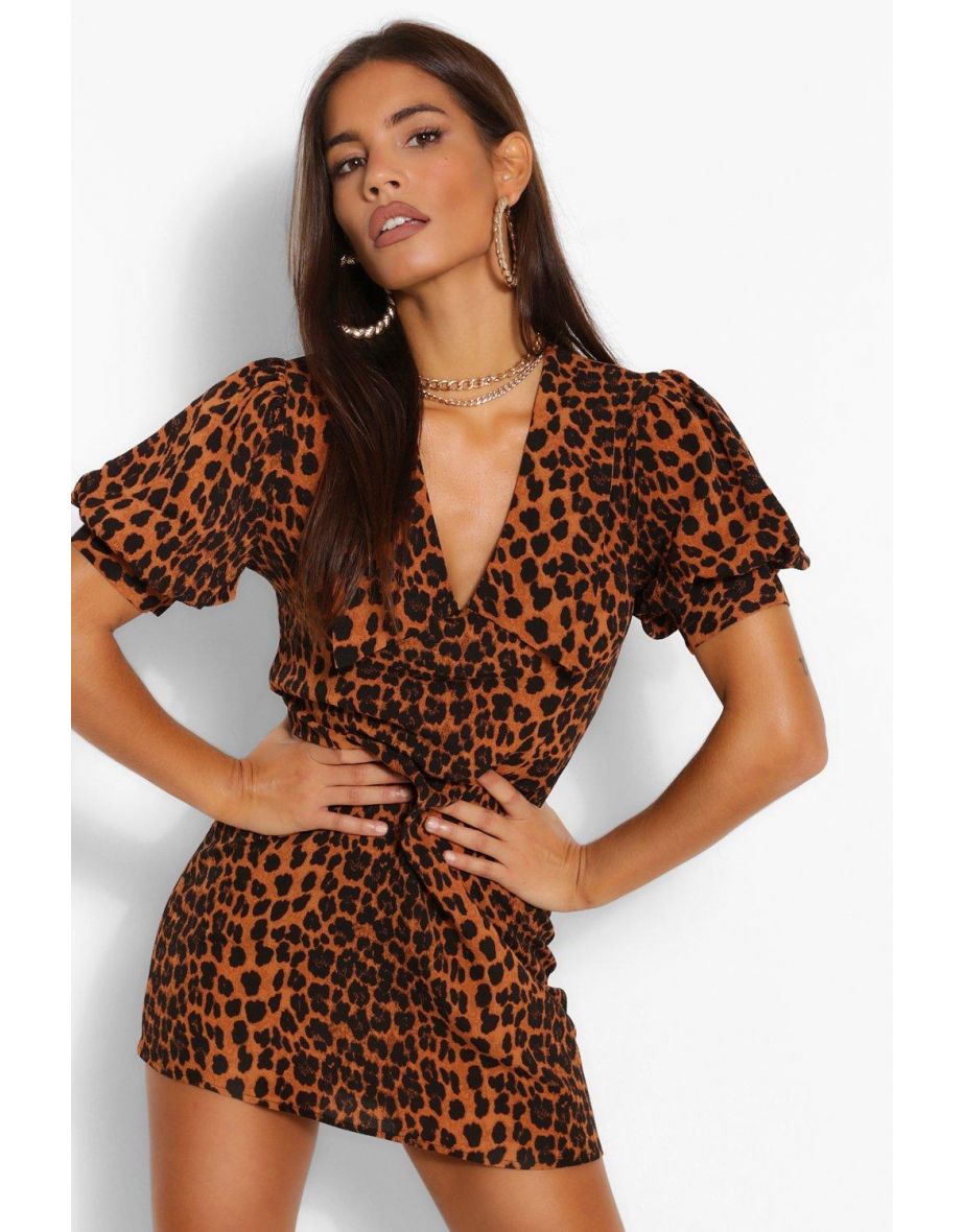 Leopard Print Plunge Puff Sleeve Shift Dress - rust