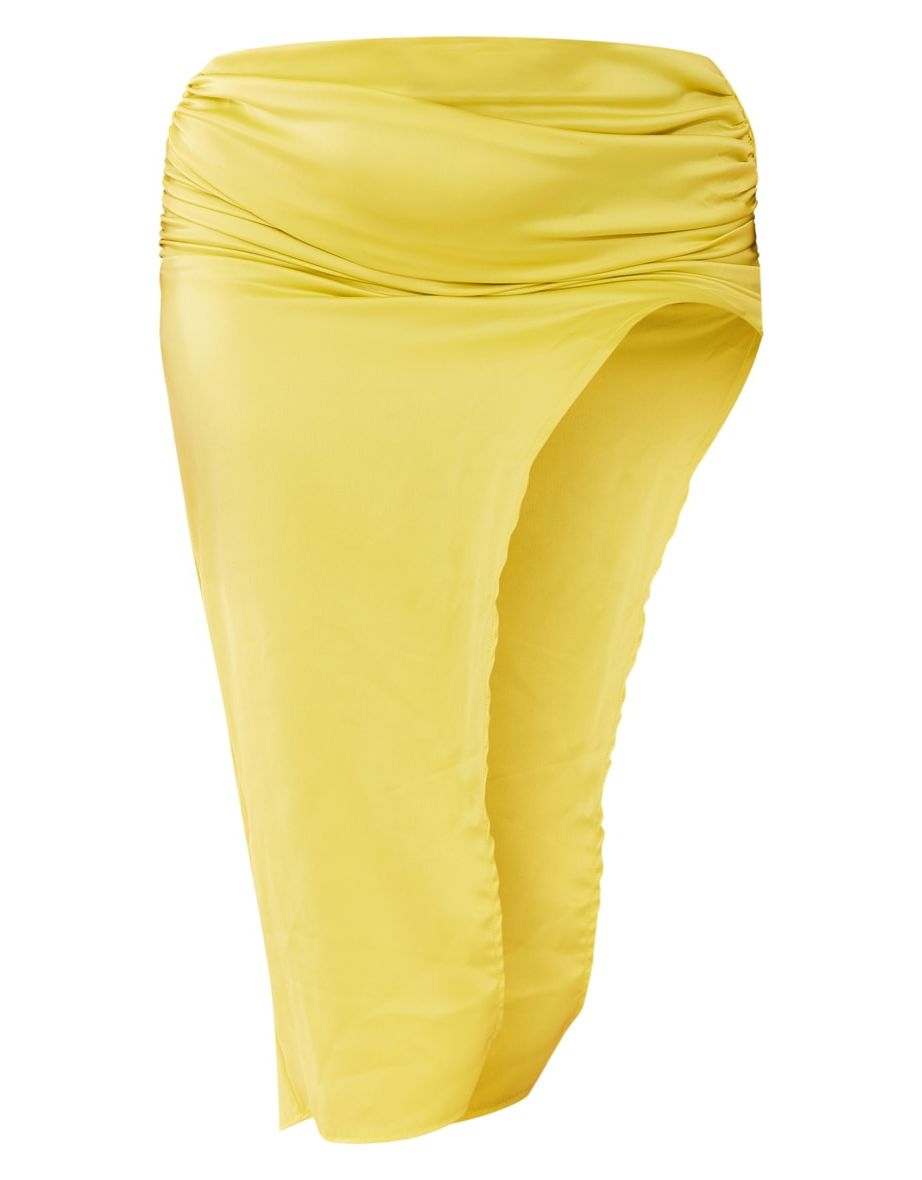 Plus Lime Satin Ruched Side Split Midi Skirt - 4