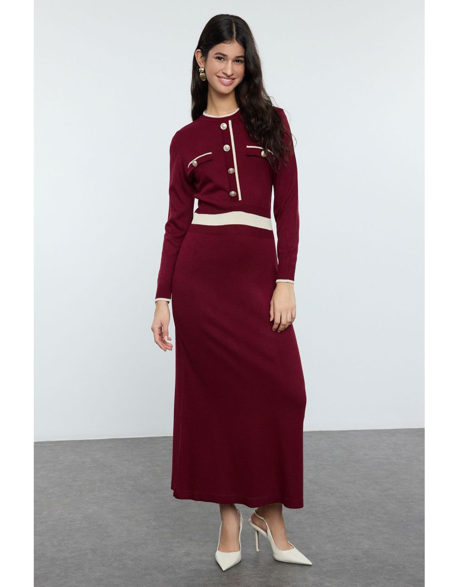 Burgundy Buttoned Knit Dress