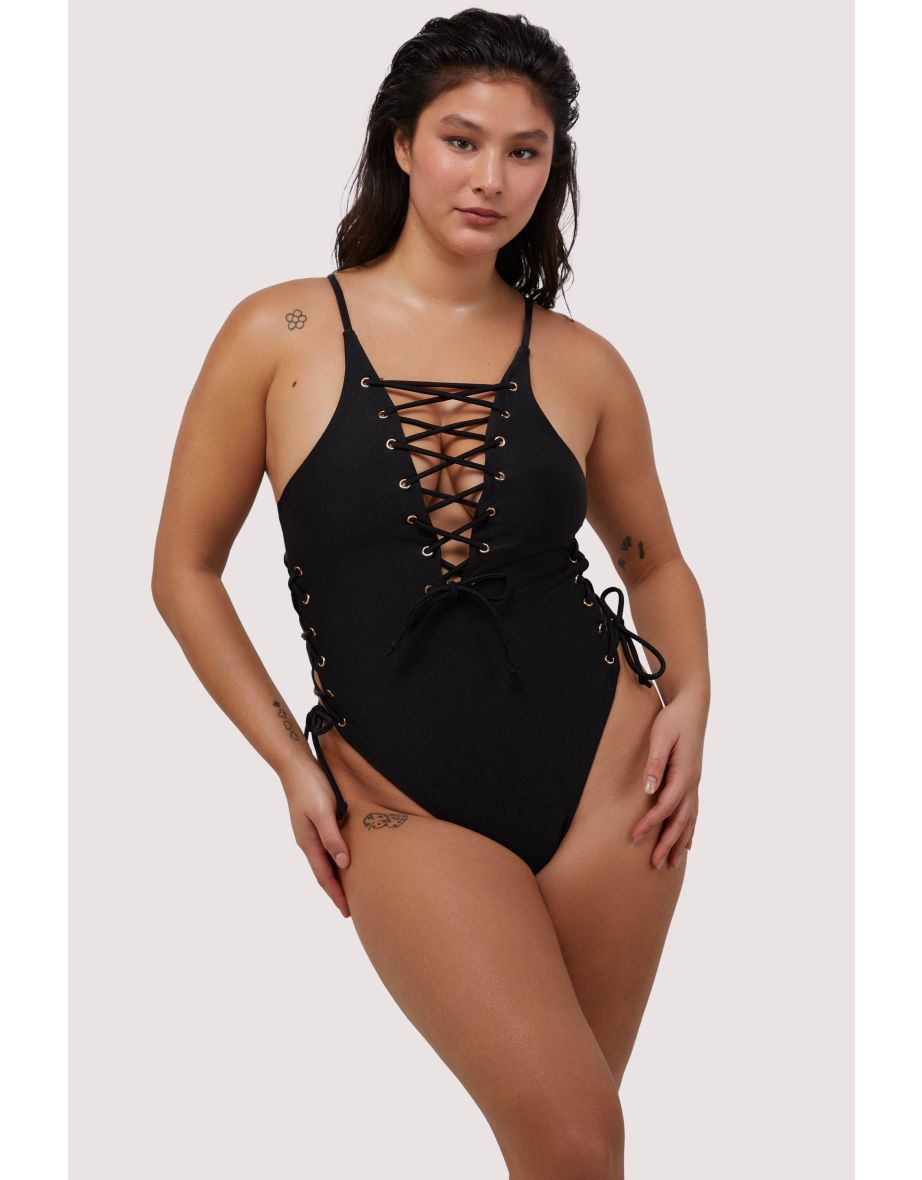 Shop Eden Eden Fuller Bust Black Plunge Lace Up Swimsuit Online in Qatar VogaCloset