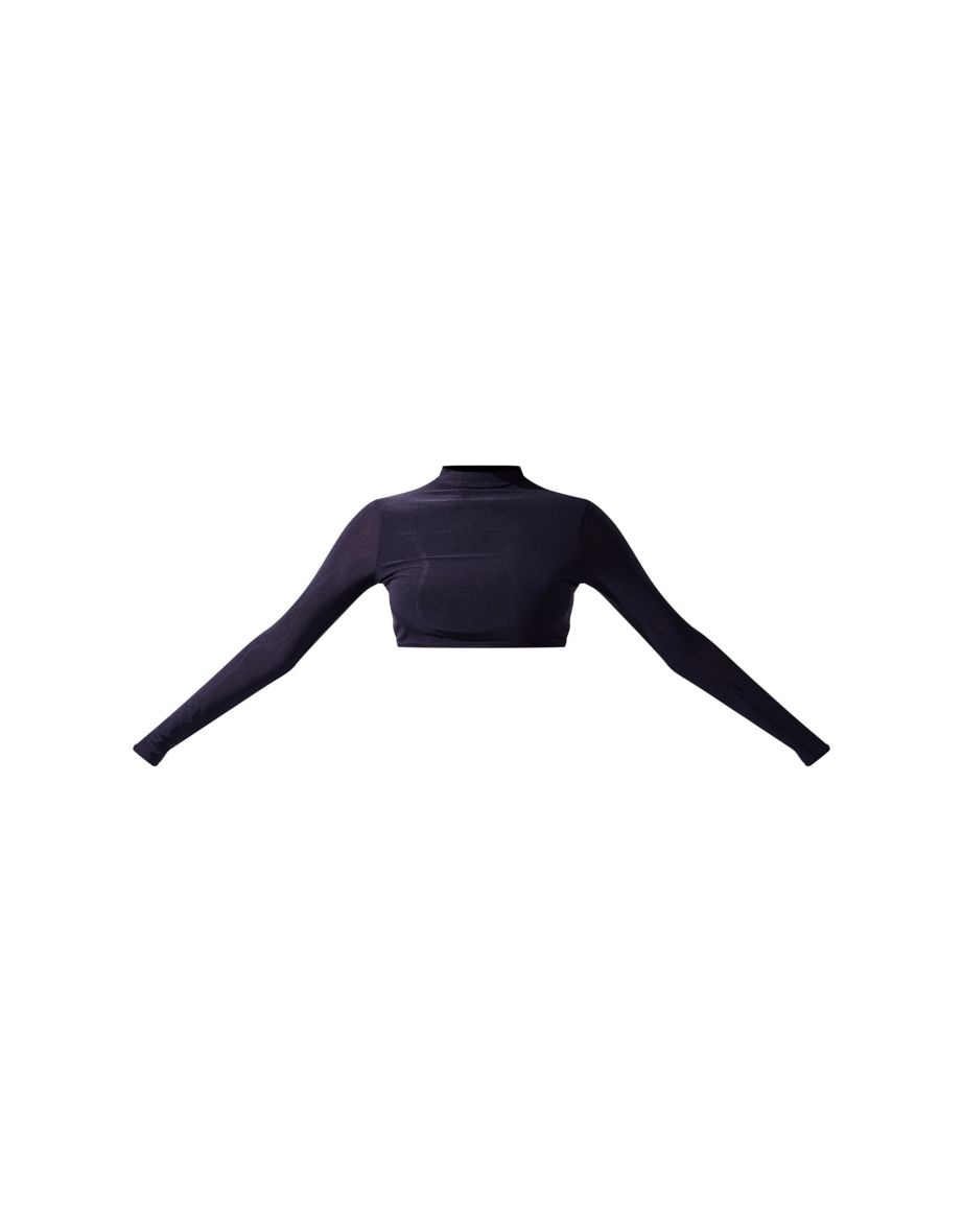 Black Slinky High Neck Long Sleeve Crop Top - 4