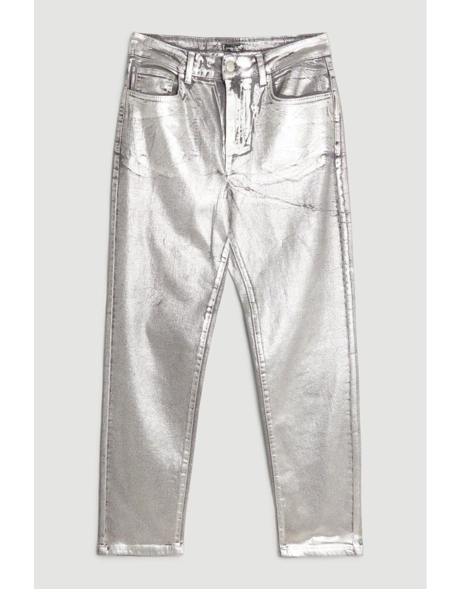 High Rise Slim Leg Silver Foiled Jeans - 3