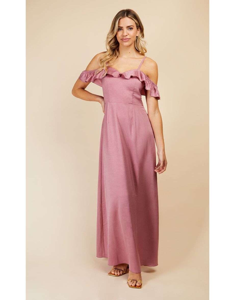 Rose Quartz Frill Cold-Shoulder Maxi Bridesmaid Dress