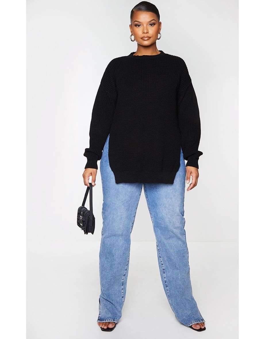 Plus Black Round Neck Side Split Jumper