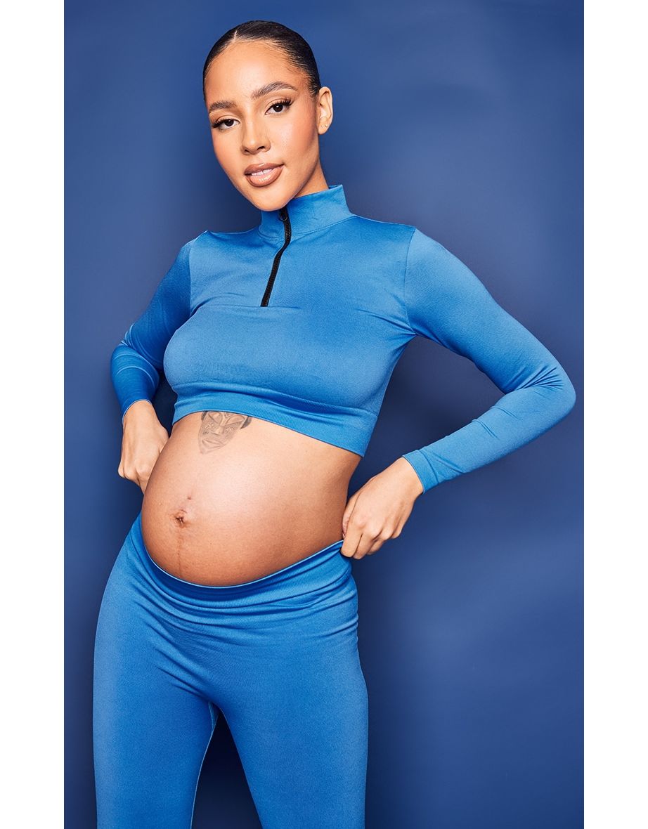 Maternity Blue Active Half Zip Polo Long Sleeve Seamless Top
