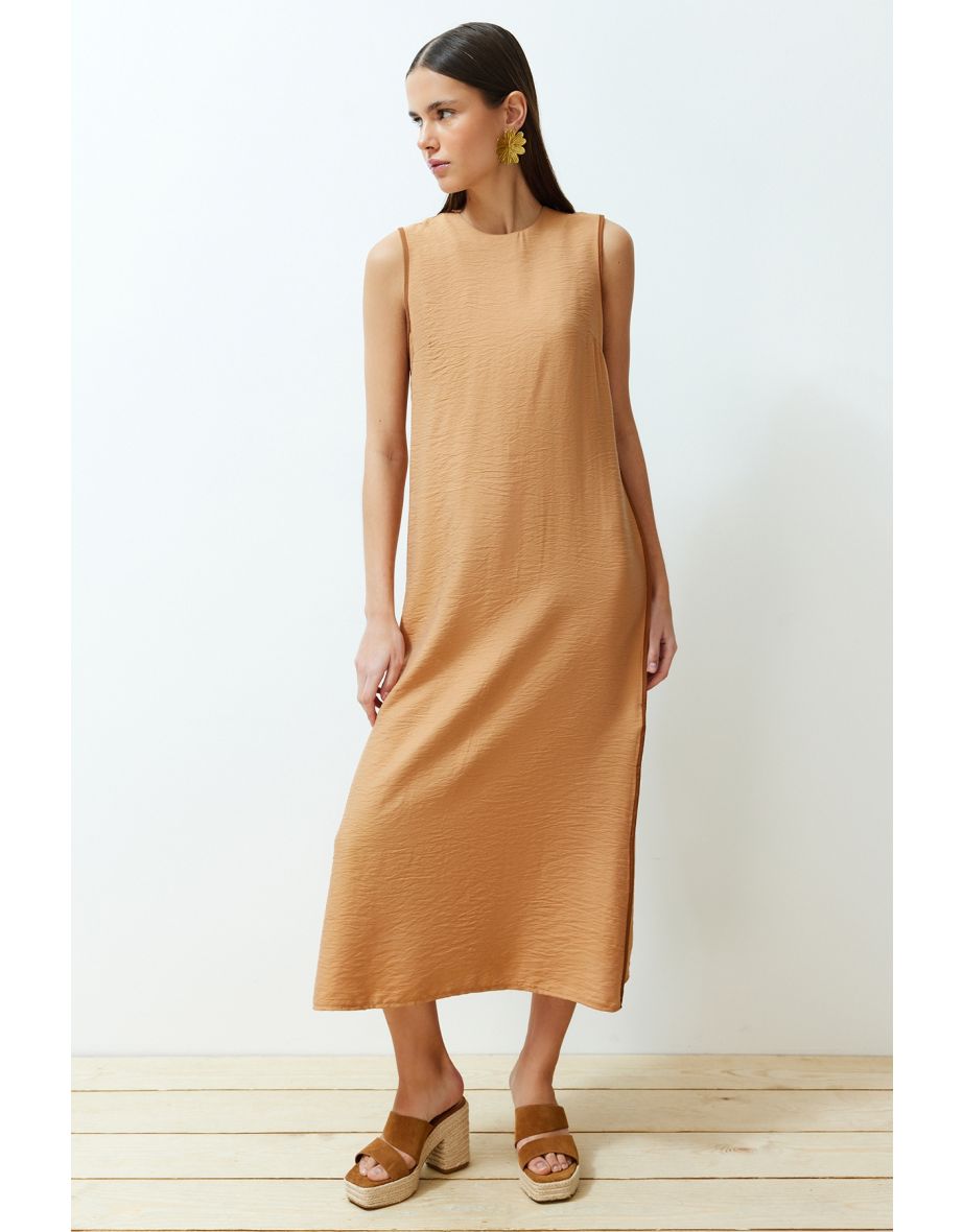 Shop Camel Straight Cut Maxi Woven Piping Detailed Dress Online in Iraq VogaCloset