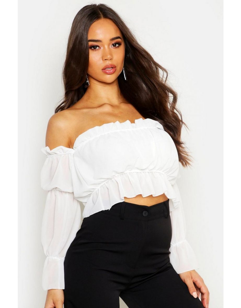 Woven Volume Sleeve Ruched Bardot Top - white