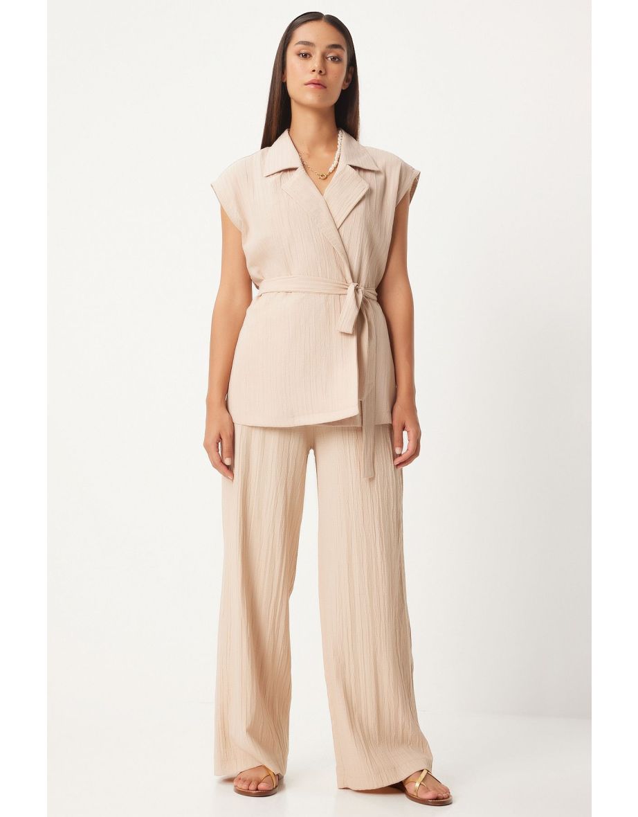Women's Cream Belted Vest Palazzo Knitted Suit - 6