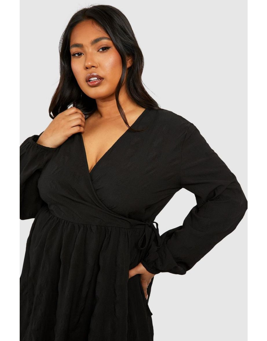 Plus Textured Wrap Midi Smock Dress - black - 3