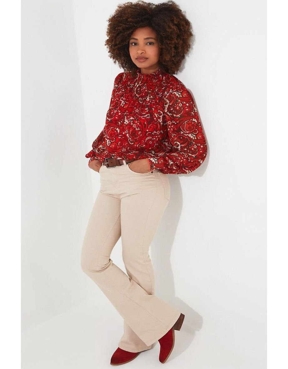 Printed High Neck Blouse with Long Balloon Sleeves
