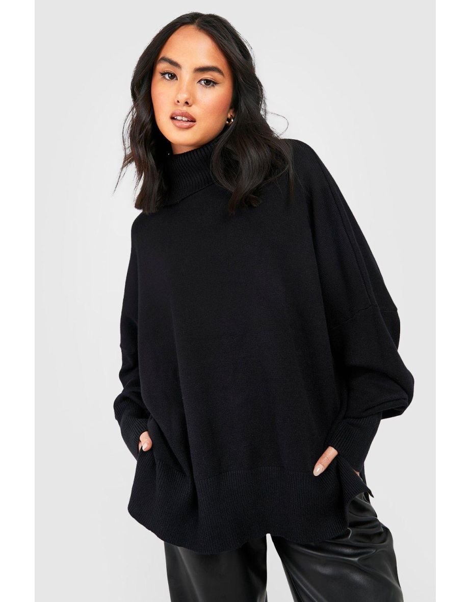 Oversized Turtle Neck Knitted Jumper - black