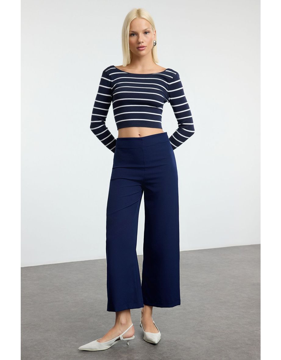 Navy Blue Culotte Pattern Woven Trousers