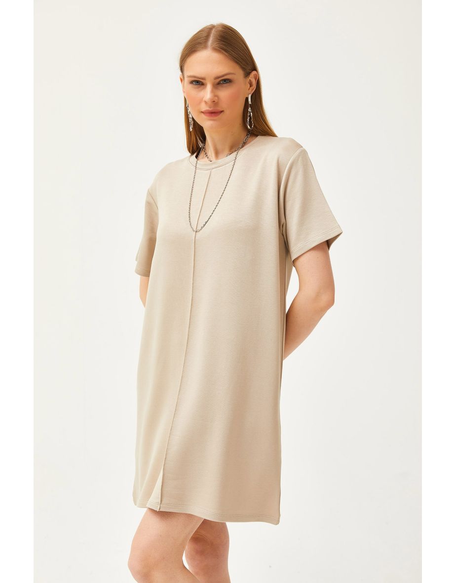Women's Beige Front Stitched Soft Textured Mini Dress