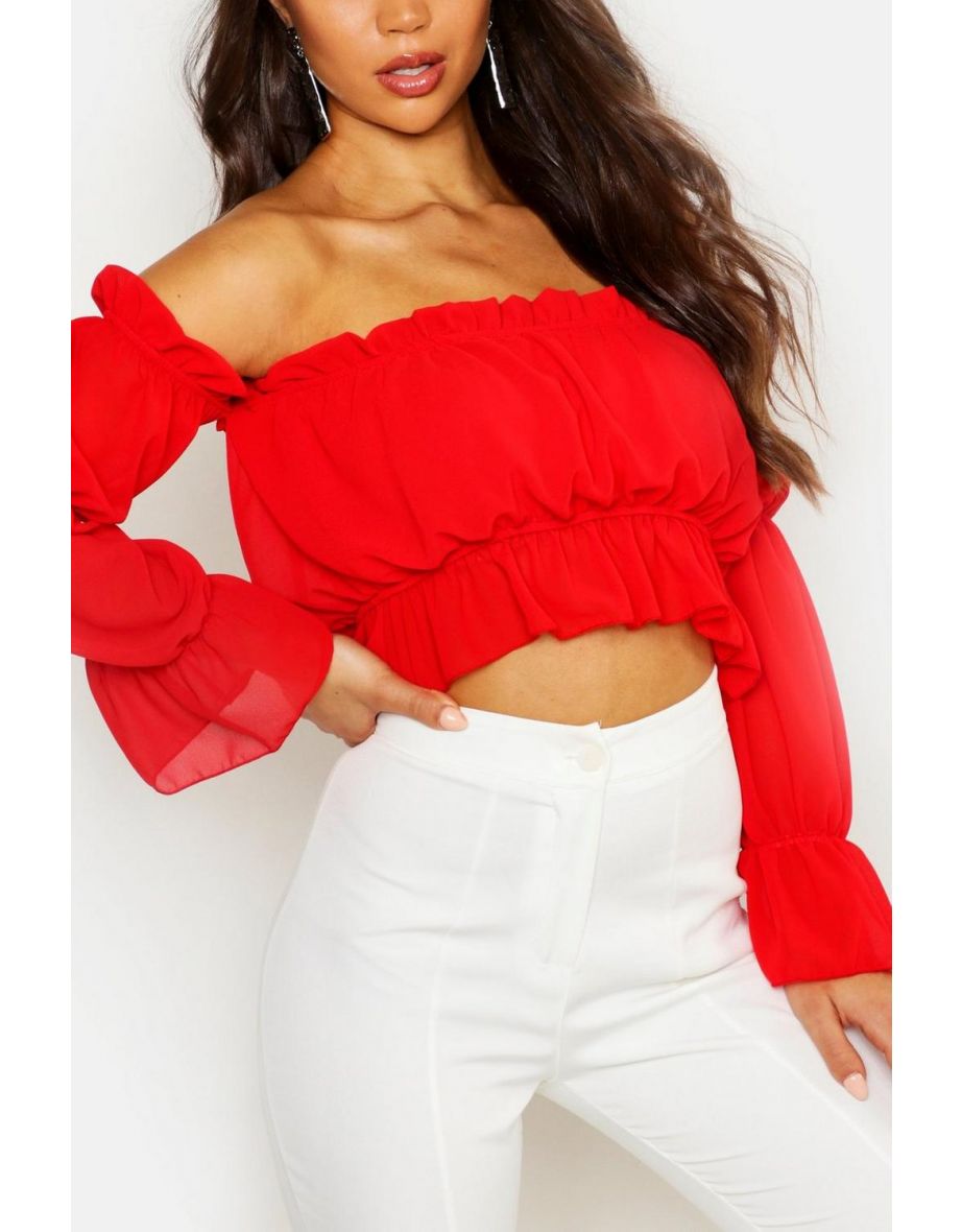 Woven Volume Sleeve Ruched Bardot Top - red - 3