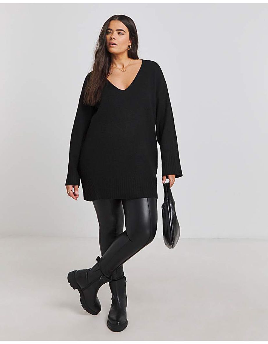 Black Slouchy V Neck Longline Jumper