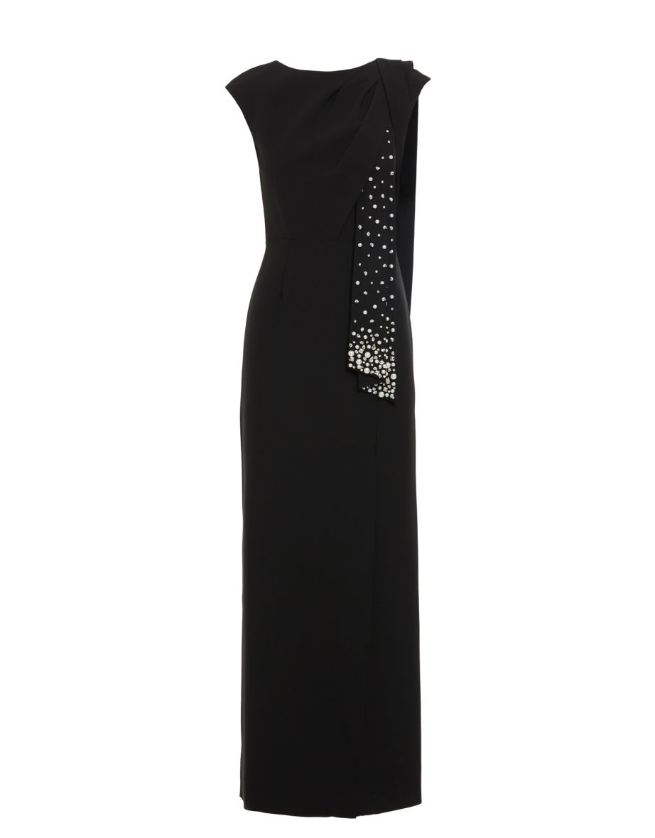 Side Slit Stone Embroidered Long Black Dress