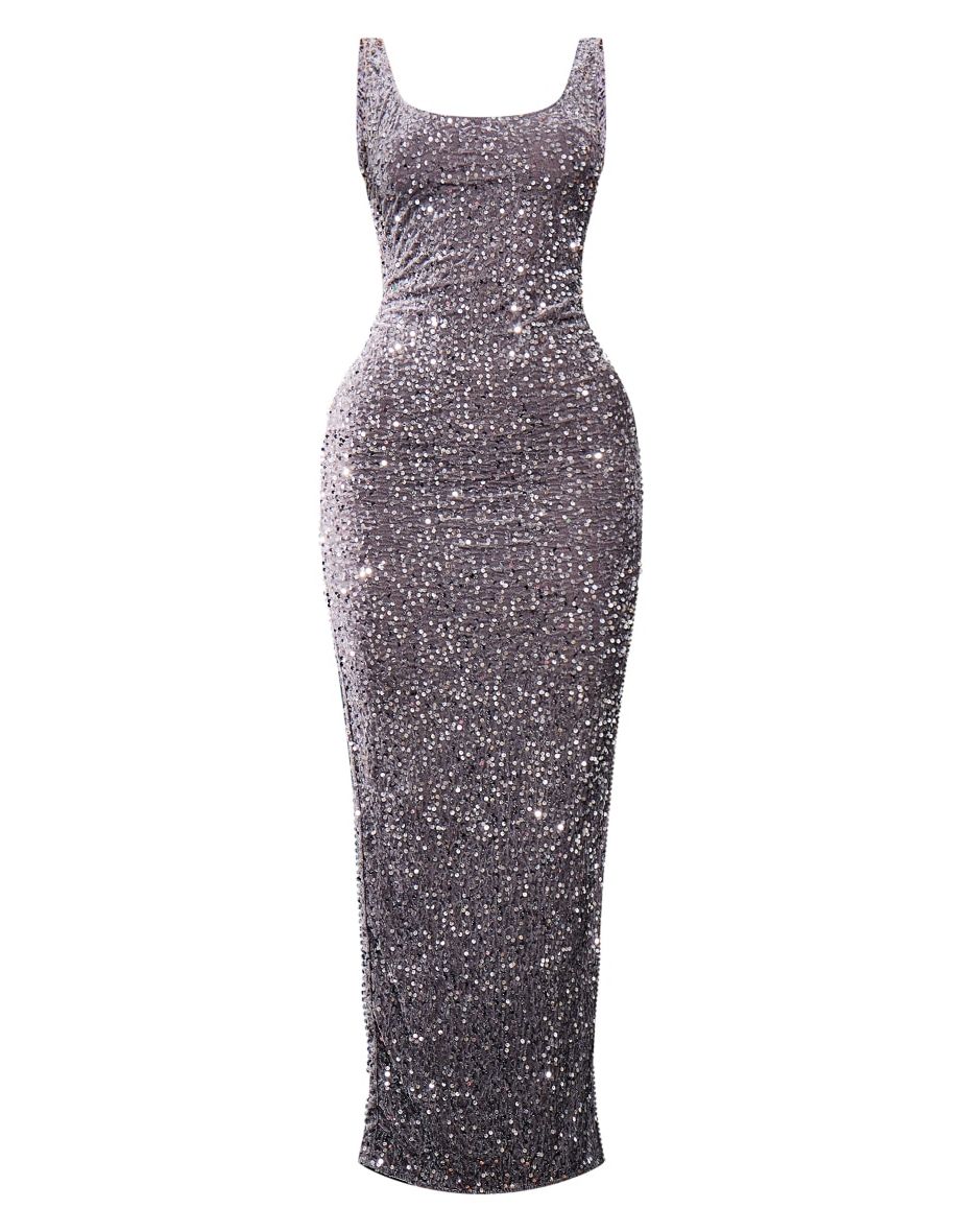 Silver Velvet Sequin Embellished Scoop Back Maxi Dress - 4