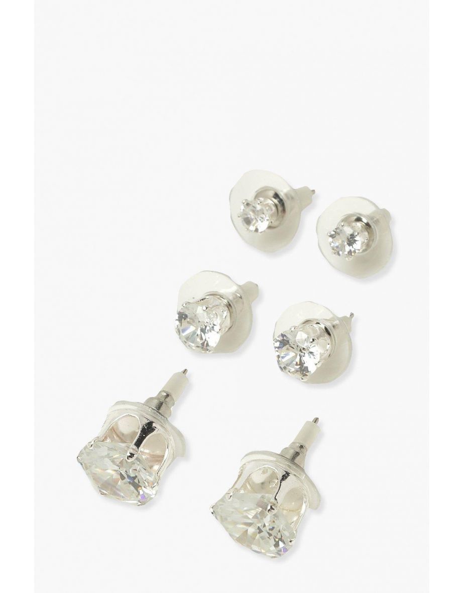 3 Pack Diamante Stud Earrings - silver - 1