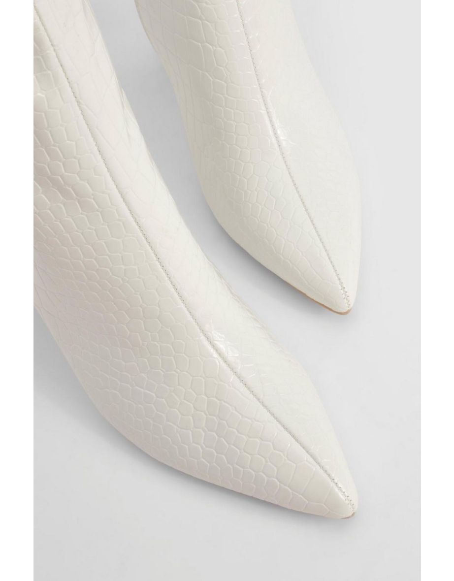 Wide Fit Croc Pointed Knee High Heeled Boots - cream - 3