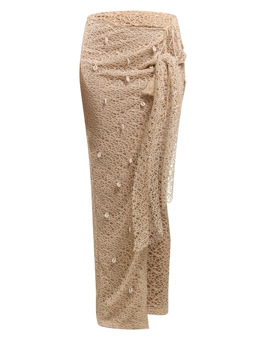 Beige Shell Detail Wrap Front Maxi Skirt - 4