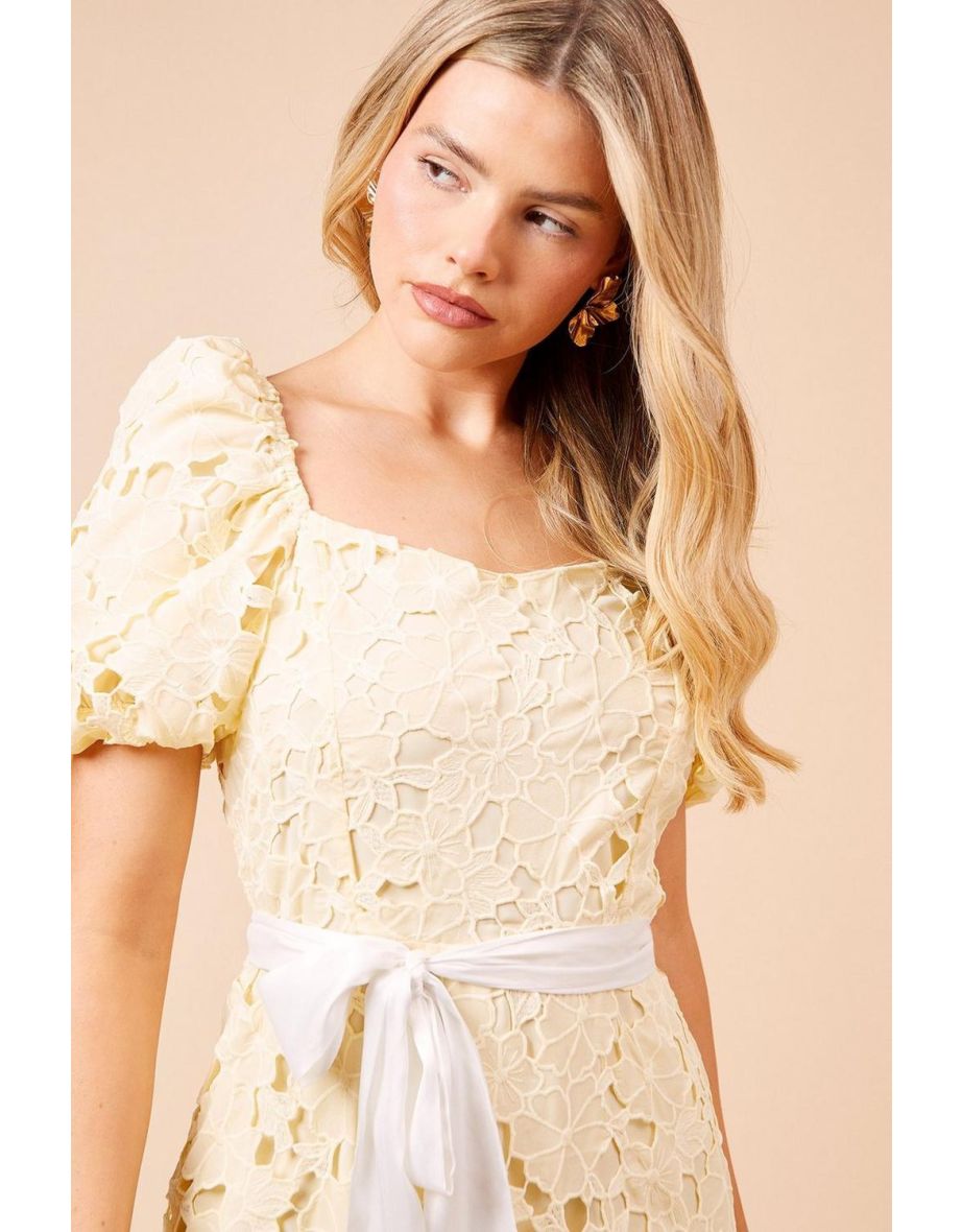 DP Luxe Cut-Work Lace Contrast Belt Midaxi Dress - 3