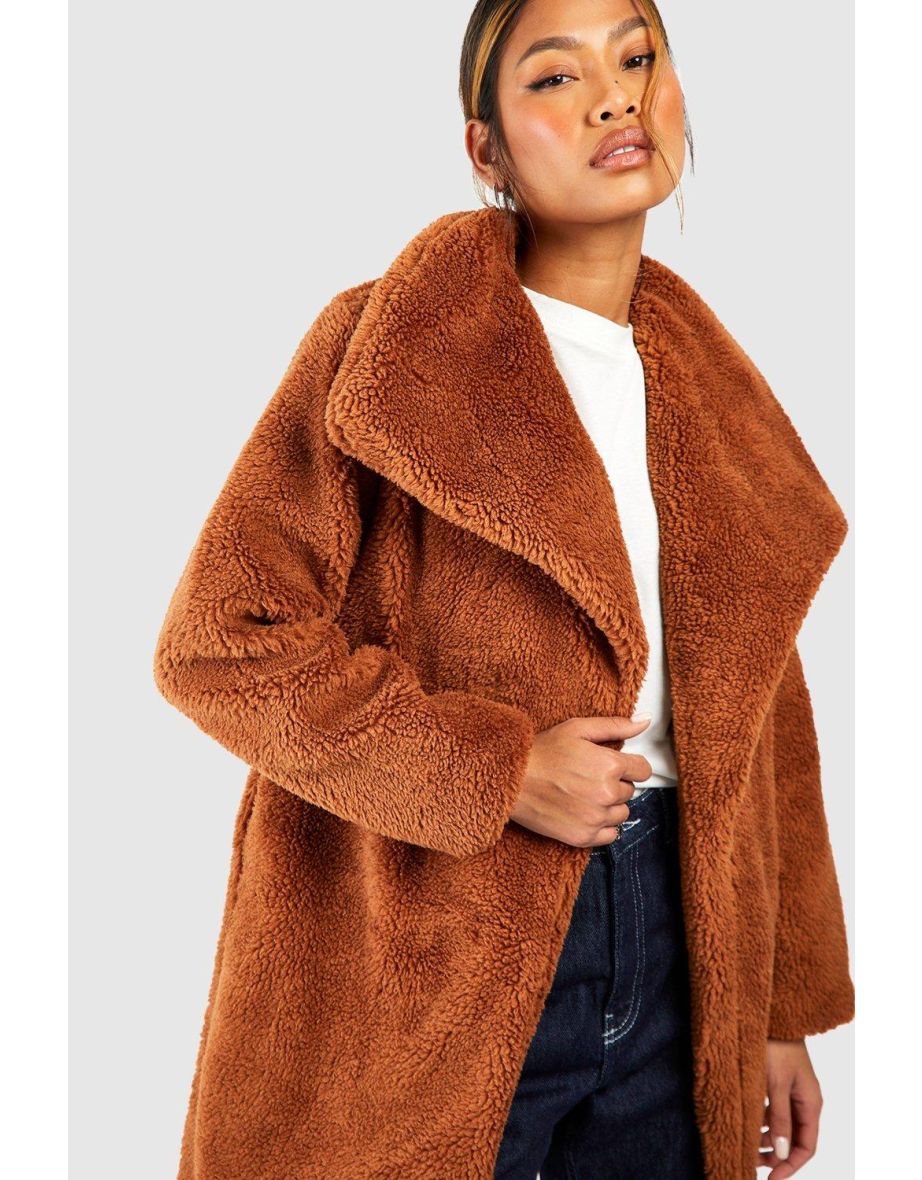 Shawl Collar Teddy Faux Fur Jacket - chocolate - 3