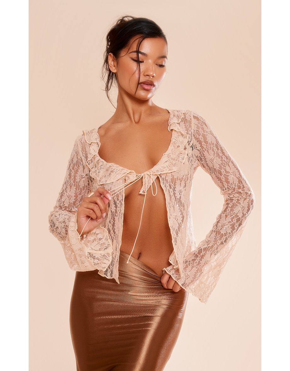 Nude Lace Sequin Frill Tie Front Blouse