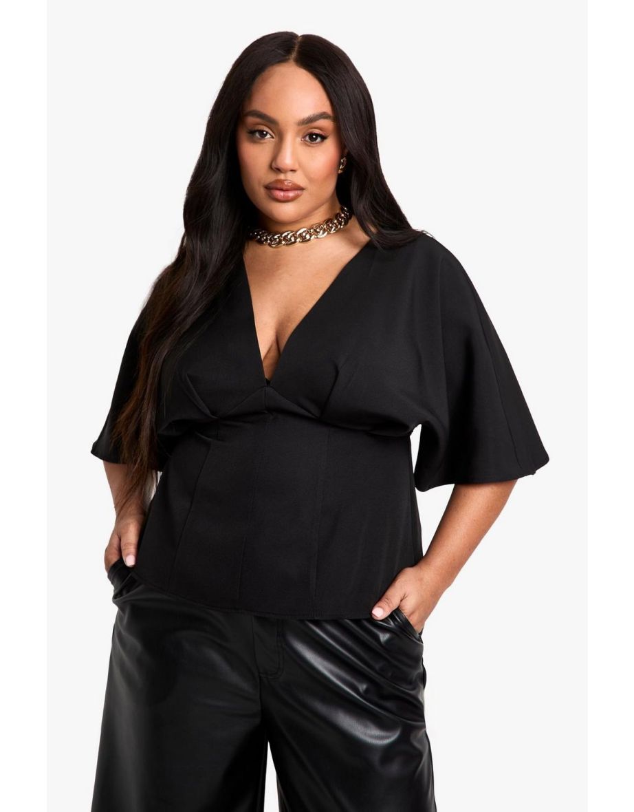 Plus PLUNGE ANGEL SLEEVE SMOCK TOP - black