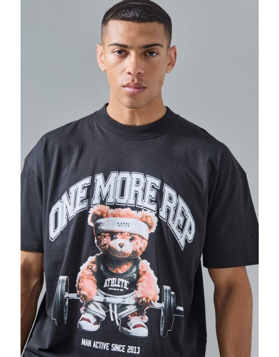 Man Active Oversized Extended Neck Teddy Weightlifter T-shirt - black - 2