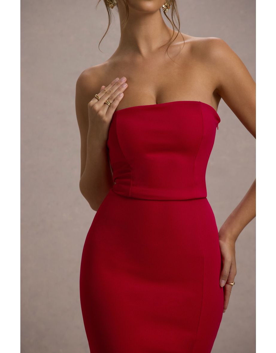 Belle of The Ball | Red Bandeau Maxi Dress With Split Hem - 5
