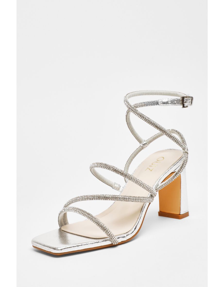 Quiz Silver Diamante Strappy Block Heeled Sandals