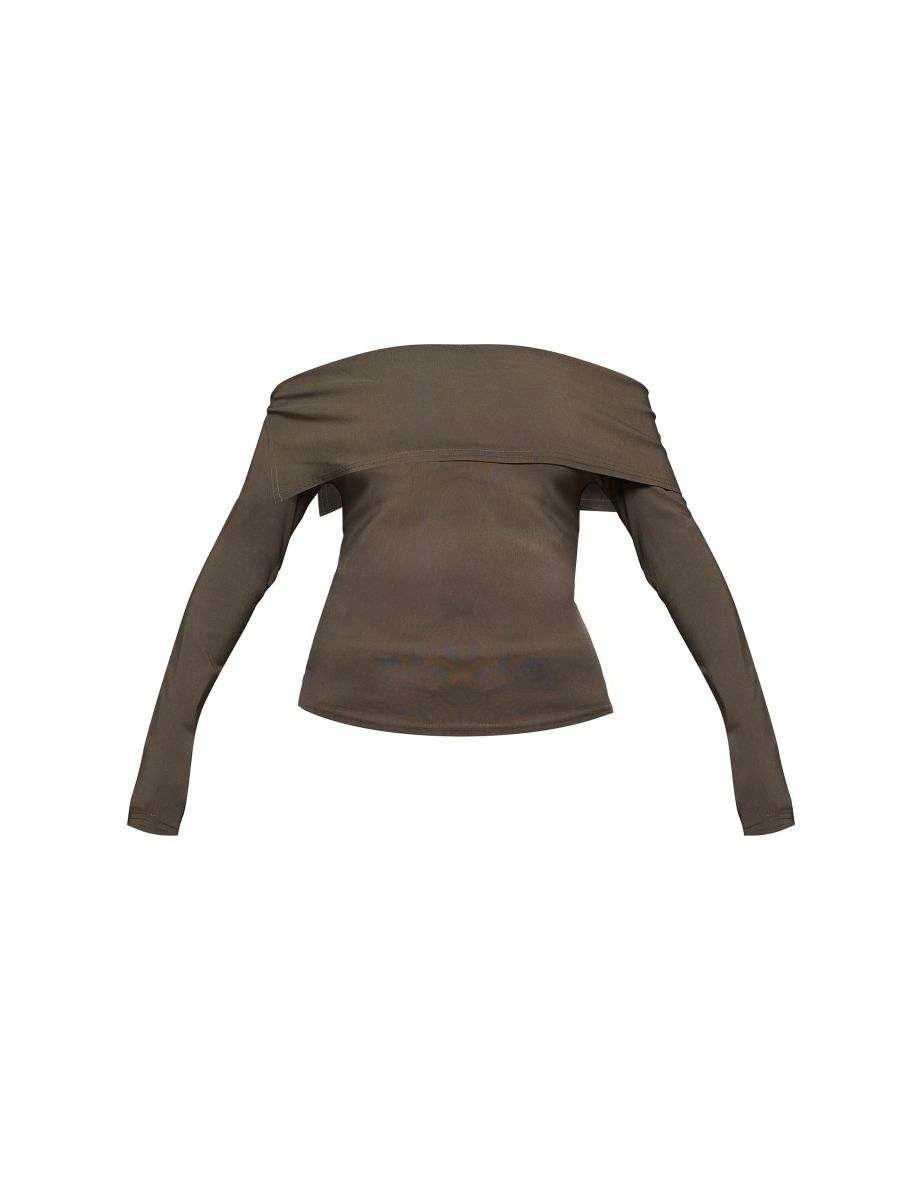 Khaki Stretch Woven Bardot Long Sleeve Top - 4