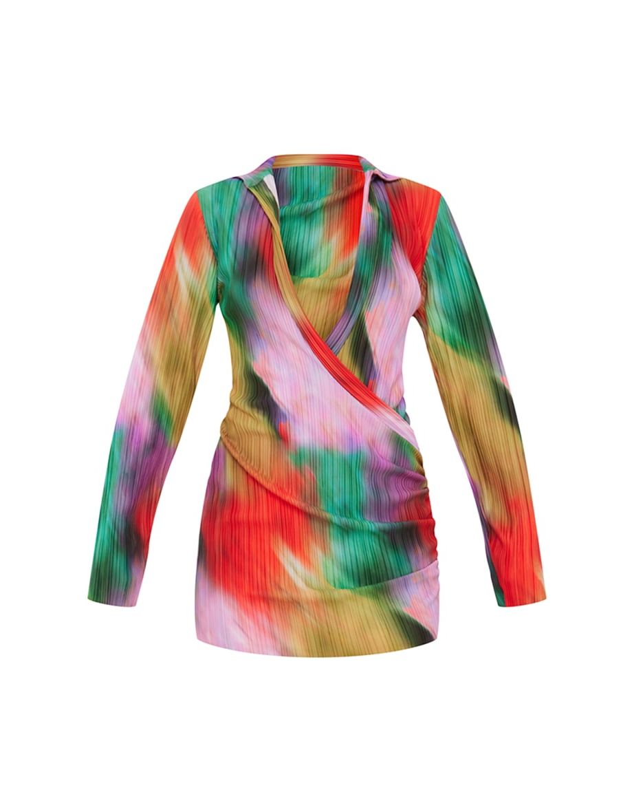 Multi Watercolour Print Plisse Plunge Drape Shirt Dress - 4