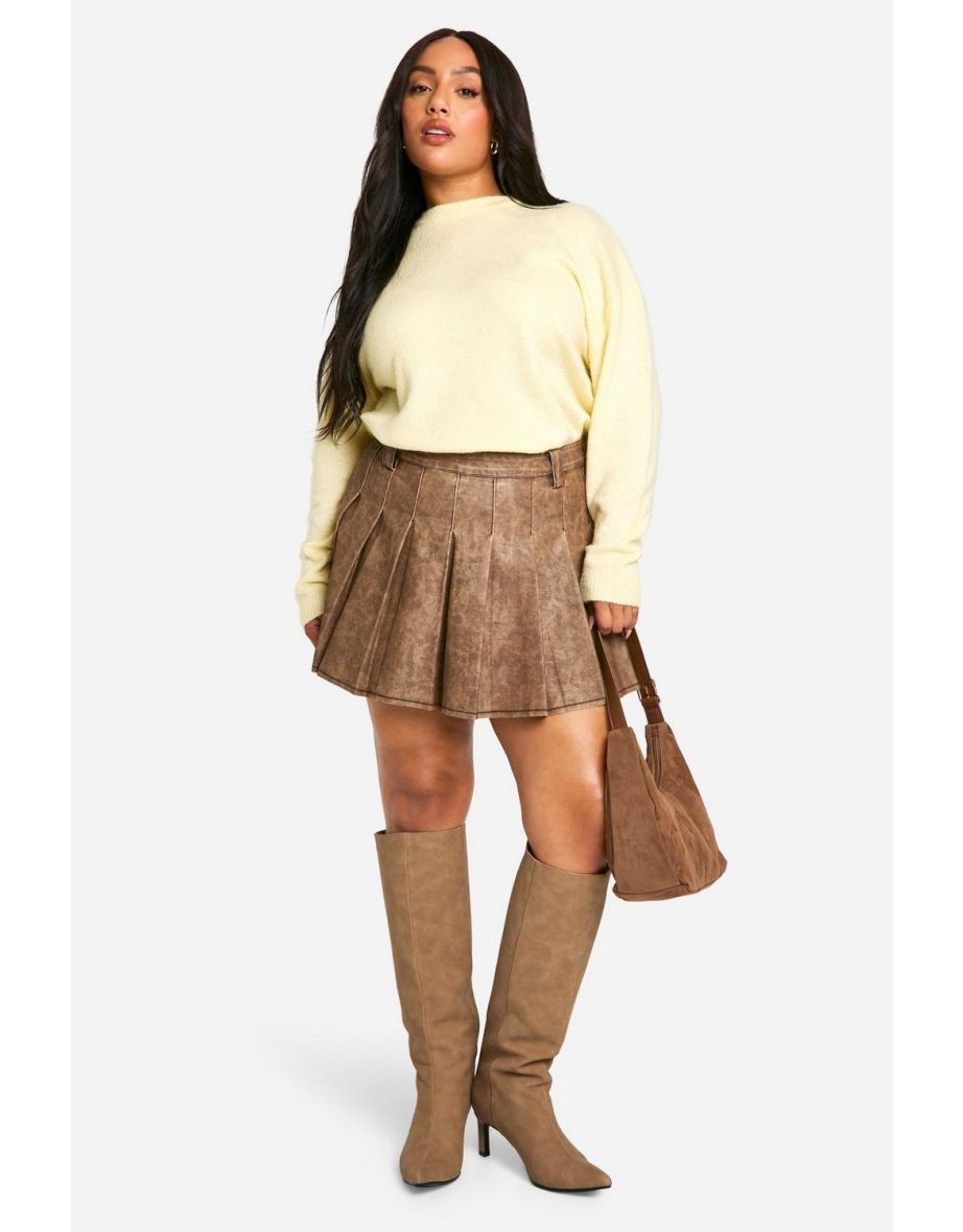 Plus Washed Pu Pleated Tennis Skirt - light brown