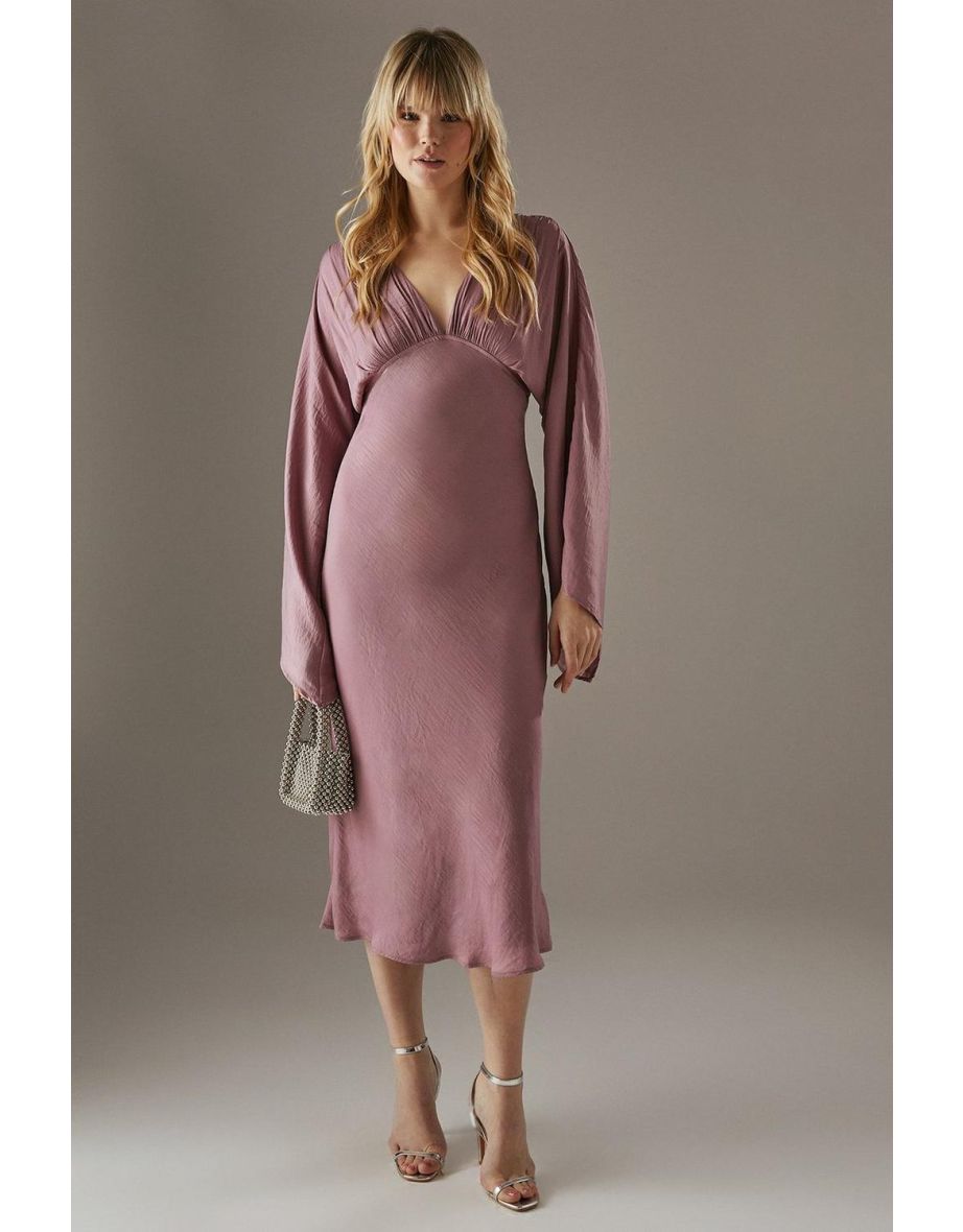 Flare Sleeve Plunge Satin Midi Dress