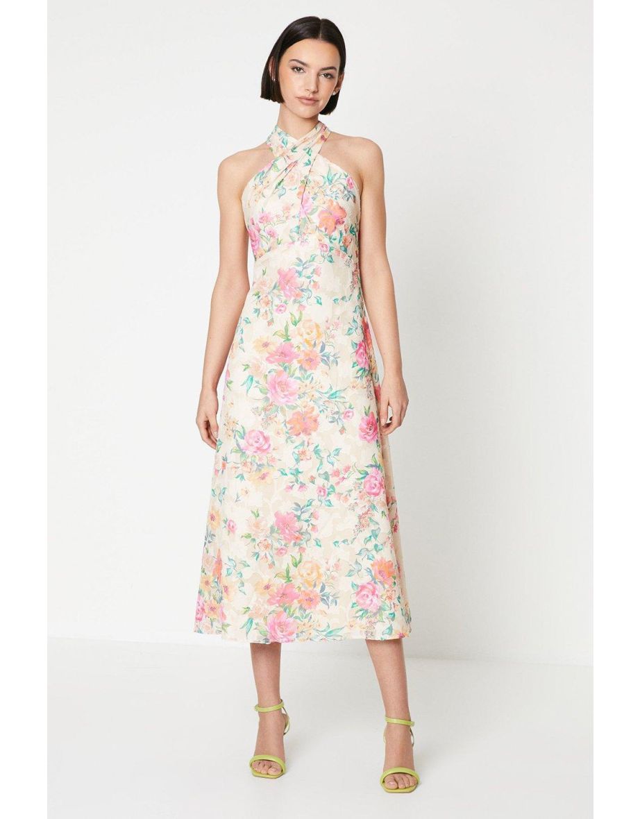 Ivory Floral Cross Front Satin Burnout Halter Dress
