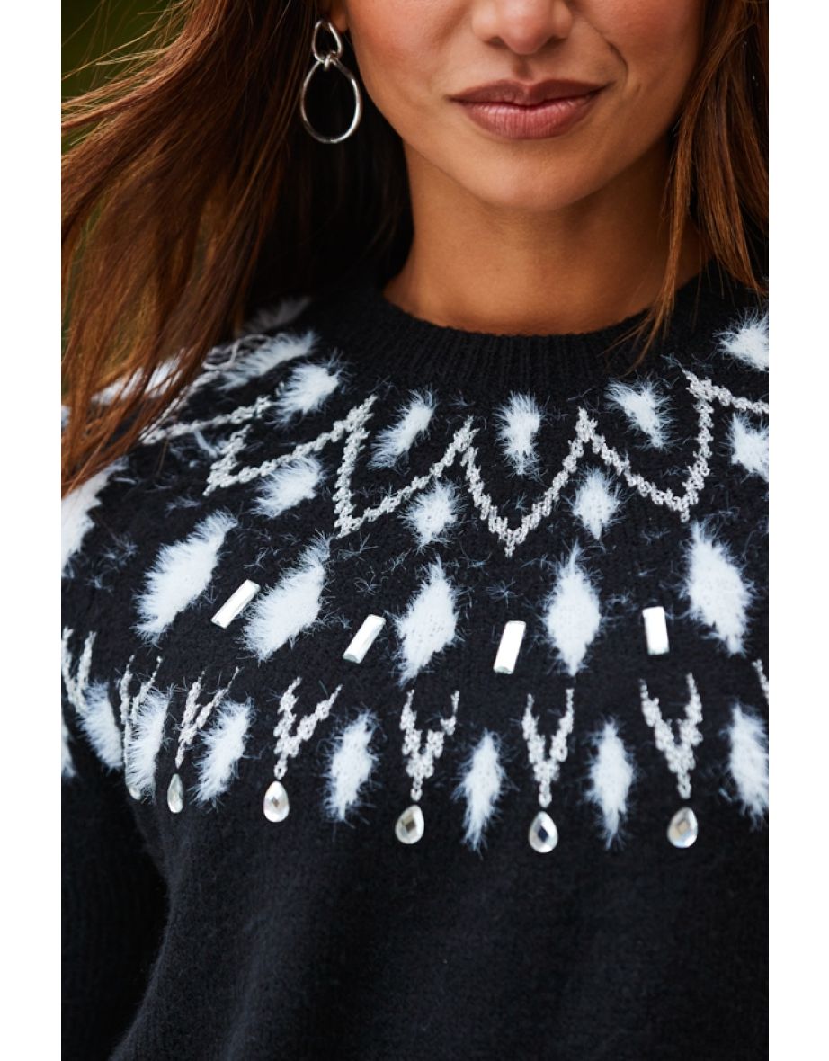 Black & White Embellished Fair Isle Jumper - 4
