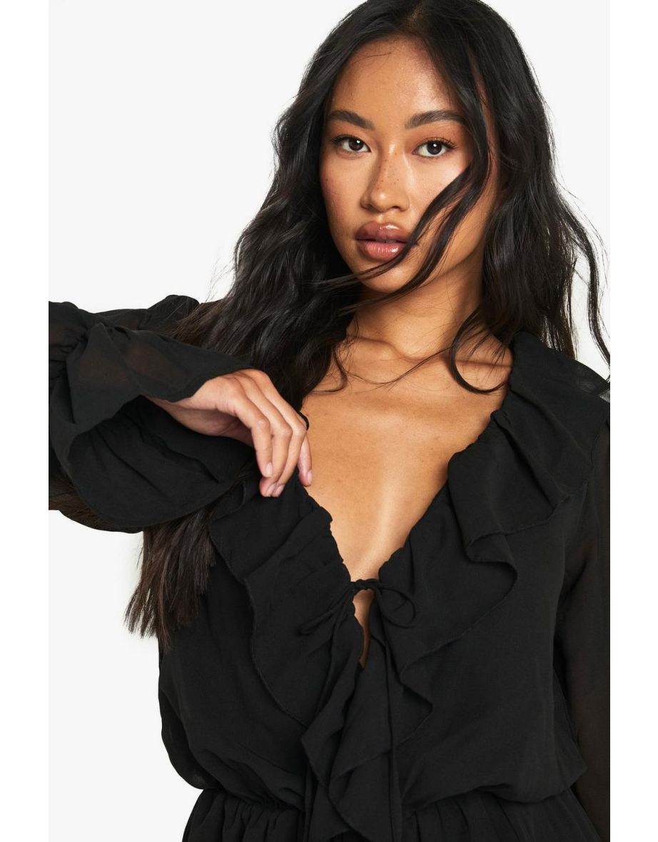 Chiffon Long Sleeve Ruffle Playsuit - black - 3